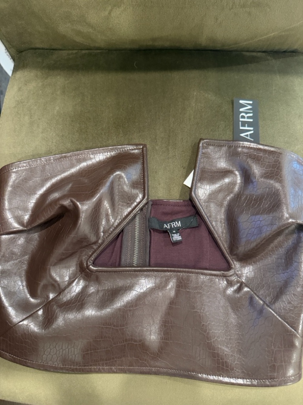 AFRM Chocolate Brown Faux-Leather Strapless Cutout Crop Top - Avery Croc - NWT